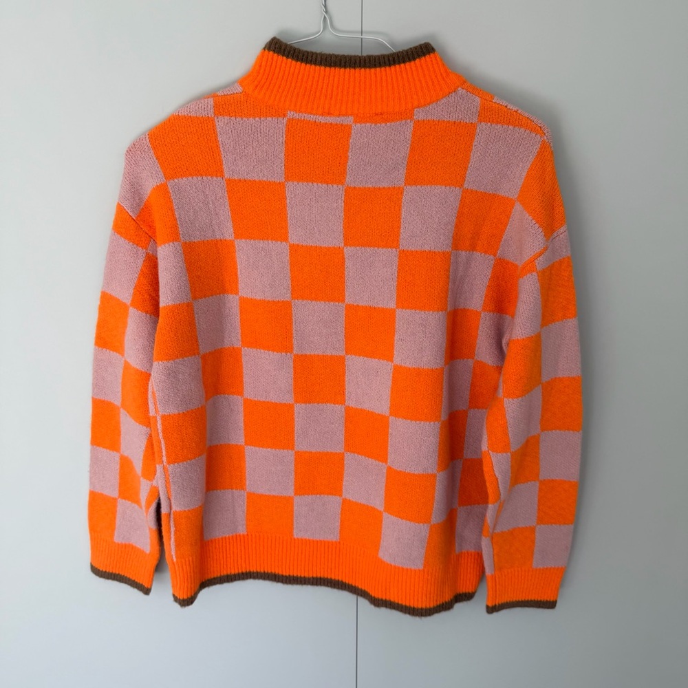 THML Women’s Neon Checkered Mockneck Sweater in Orange / Beige TMK1777 - Picture 3 of 5
